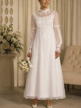 Unbranded Vintage 60s White Lace Wedding Dress with Daisy lace trim size 4